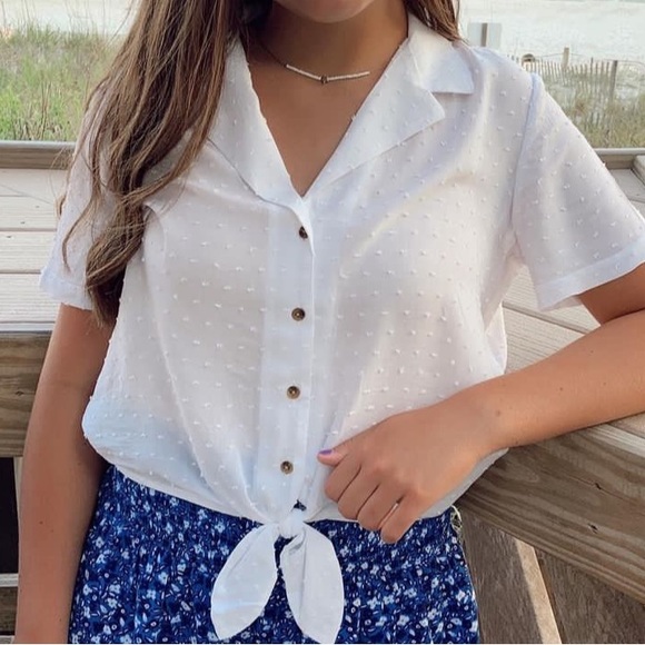 Candies White Button Up Top with Tie and Textured Dots - Picture 1 of 3
